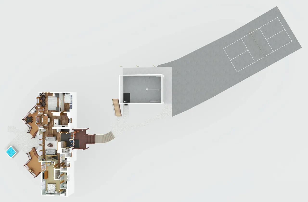Plan of the whole property: the main house, the garage and the sport court